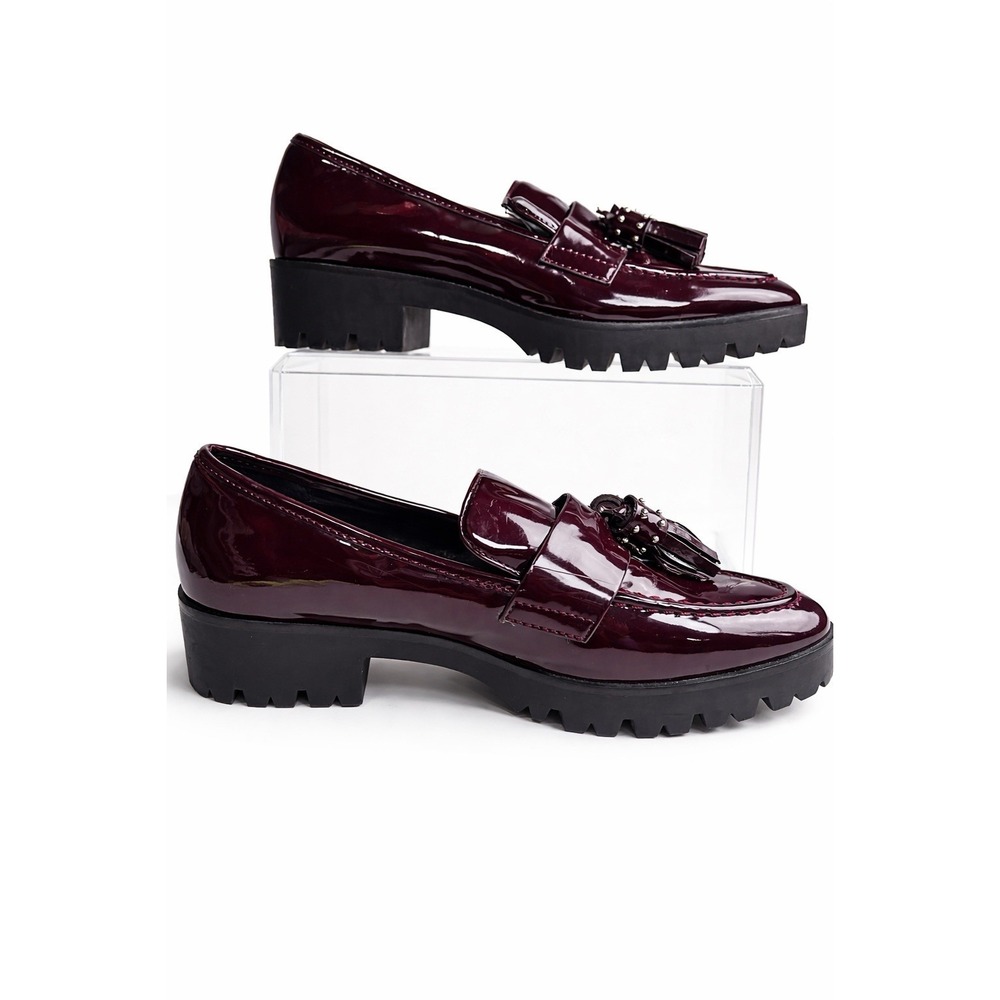 ZARA Trafaluc Burgundy Patent Chunky Loafers Women EU 37 Platform Tassels Laufey
